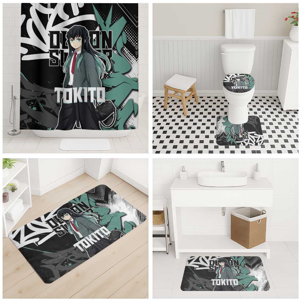 Muichiro Tokito Demon Slayer Bathroom Set Teal & Black Graffiti Anime