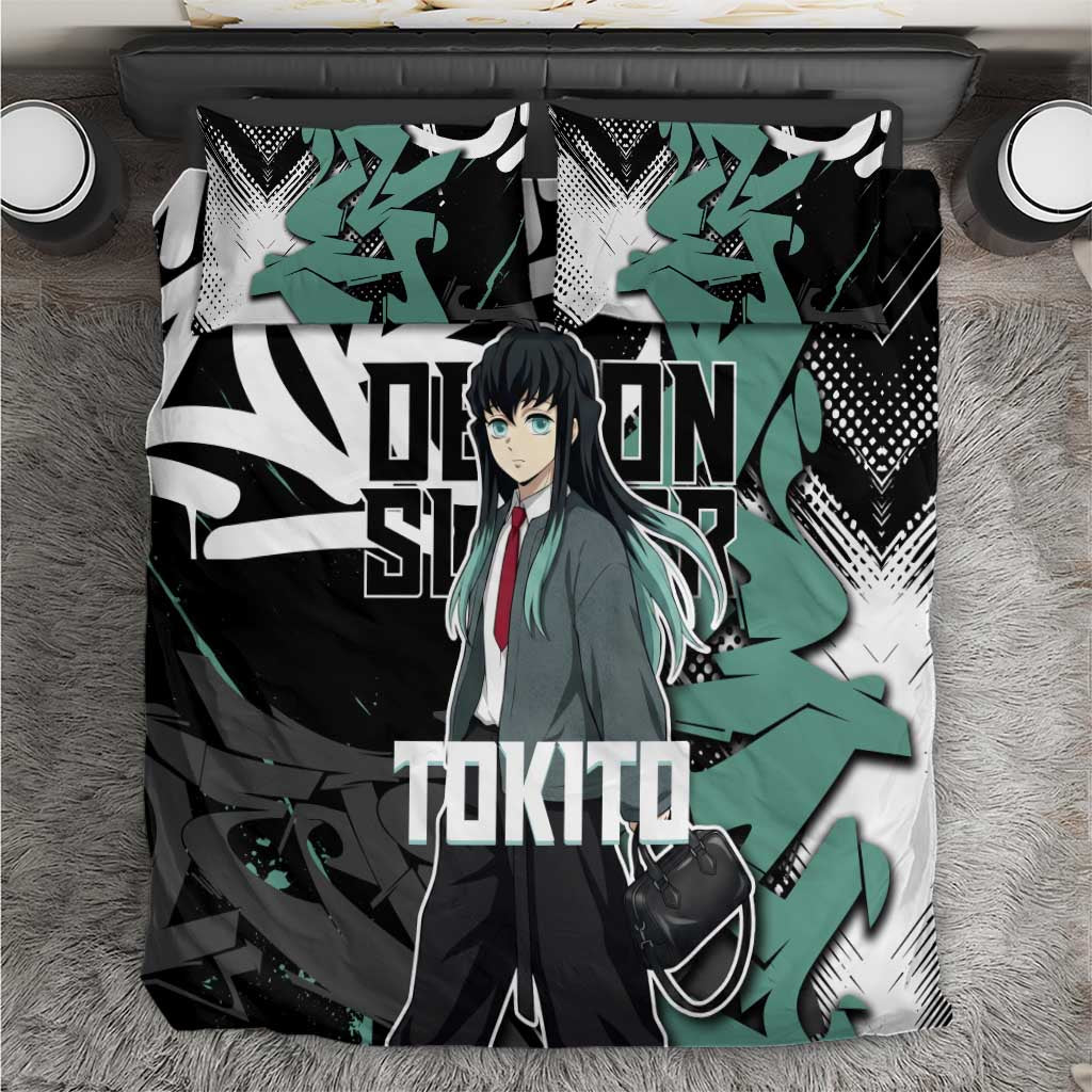 Muichiro Tokito Demon Slayer Bedding Set Teal & Black Graffiti Anime