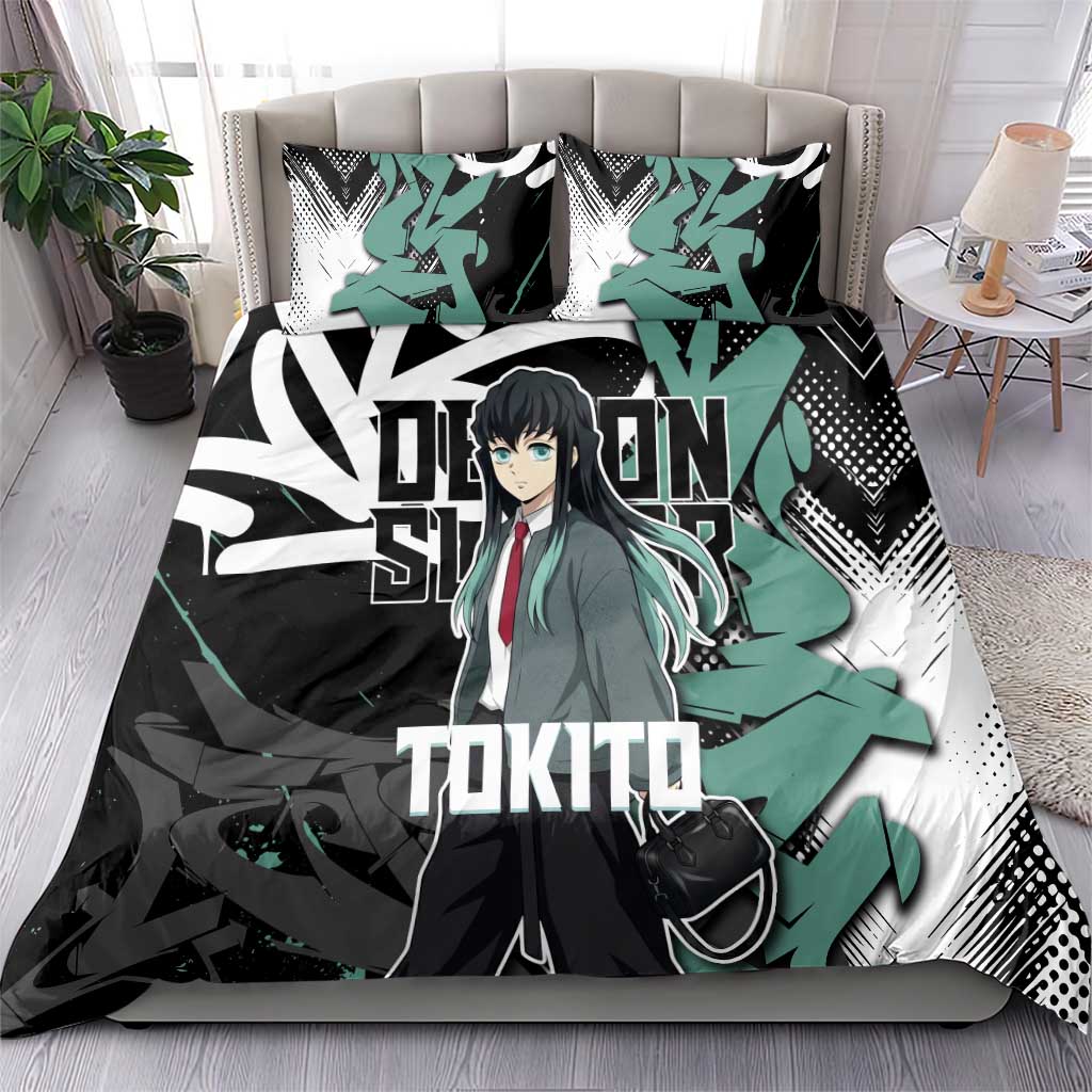 Muichiro Tokito Demon Slayer Bedding Set Teal & Black Graffiti Anime