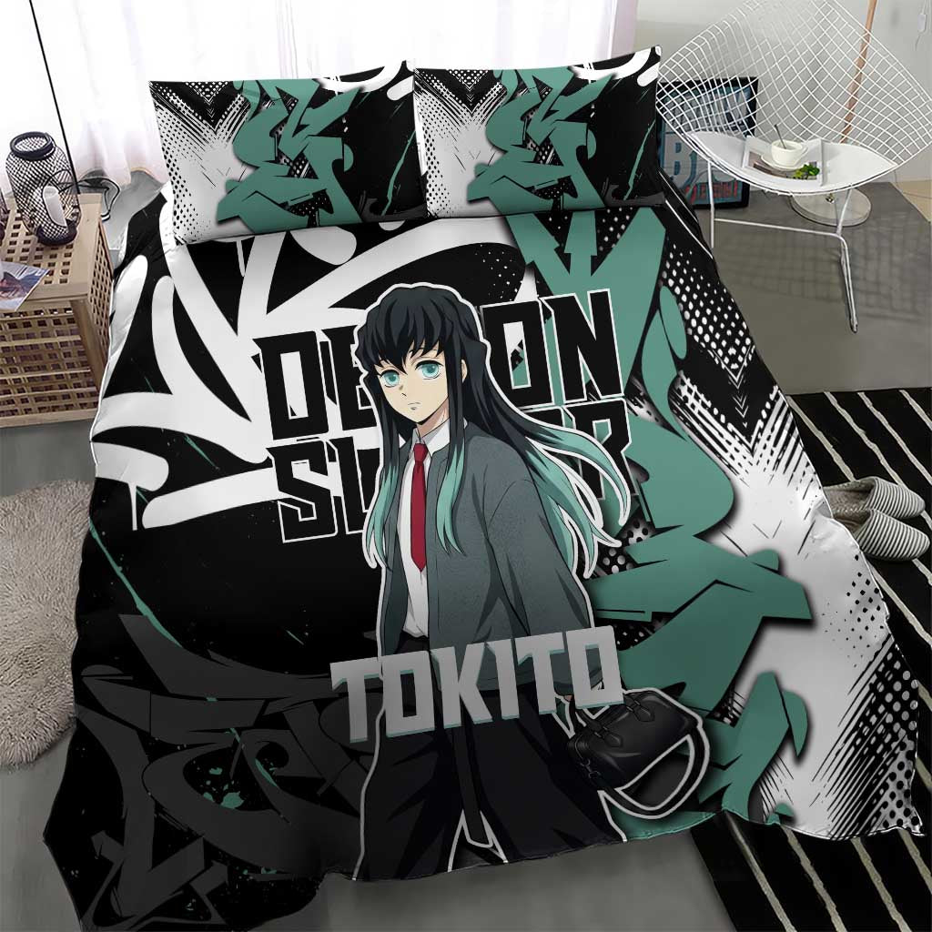 Muichiro Tokito Demon Slayer Bedding Set Teal & Black Graffiti Anime