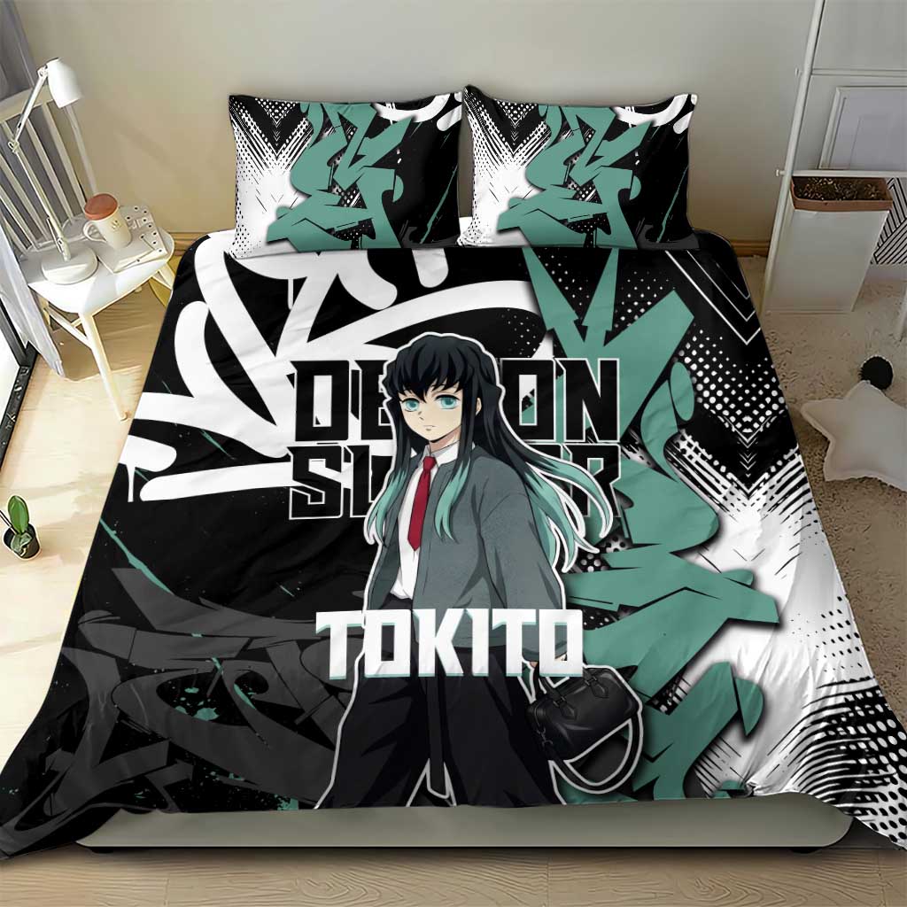 Muichiro Tokito Demon Slayer Bedding Set Teal & Black Graffiti Anime
