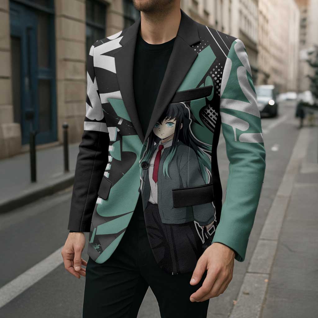 Muichiro Tokito Demon Slayer Blazer Teal & Black Graffiti Anime