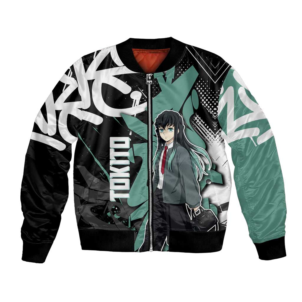 Muichiro Tokito Demon Slayer Bomber Jacket Teal & Black Graffiti Anime