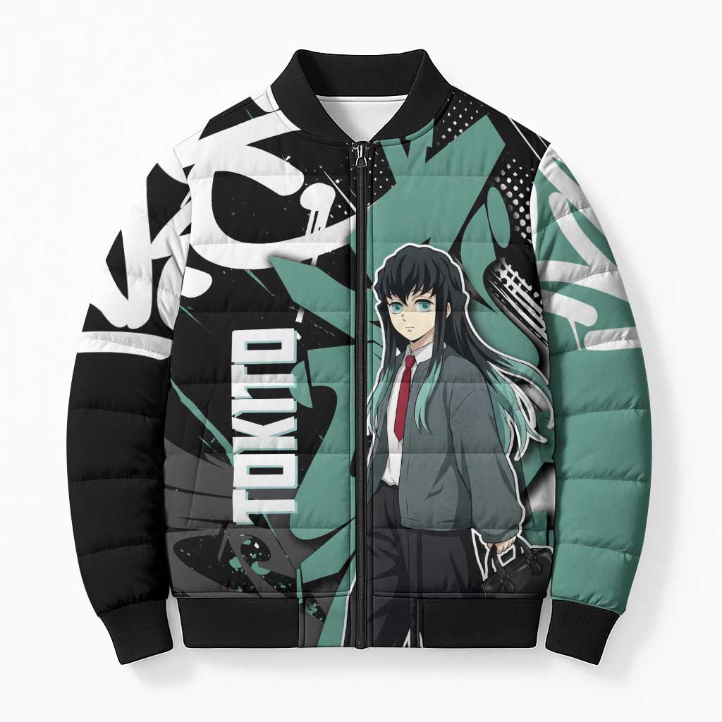 Muichiro Tokito Demon Slayer Bomber Puffer Jacket Teal & Black Graffiti Anime