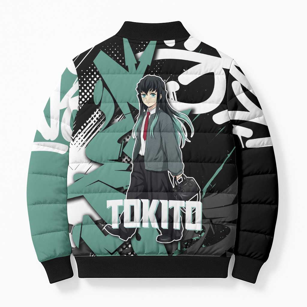 Muichiro Tokito Demon Slayer Bomber Puffer Jacket Teal & Black Graffiti Anime