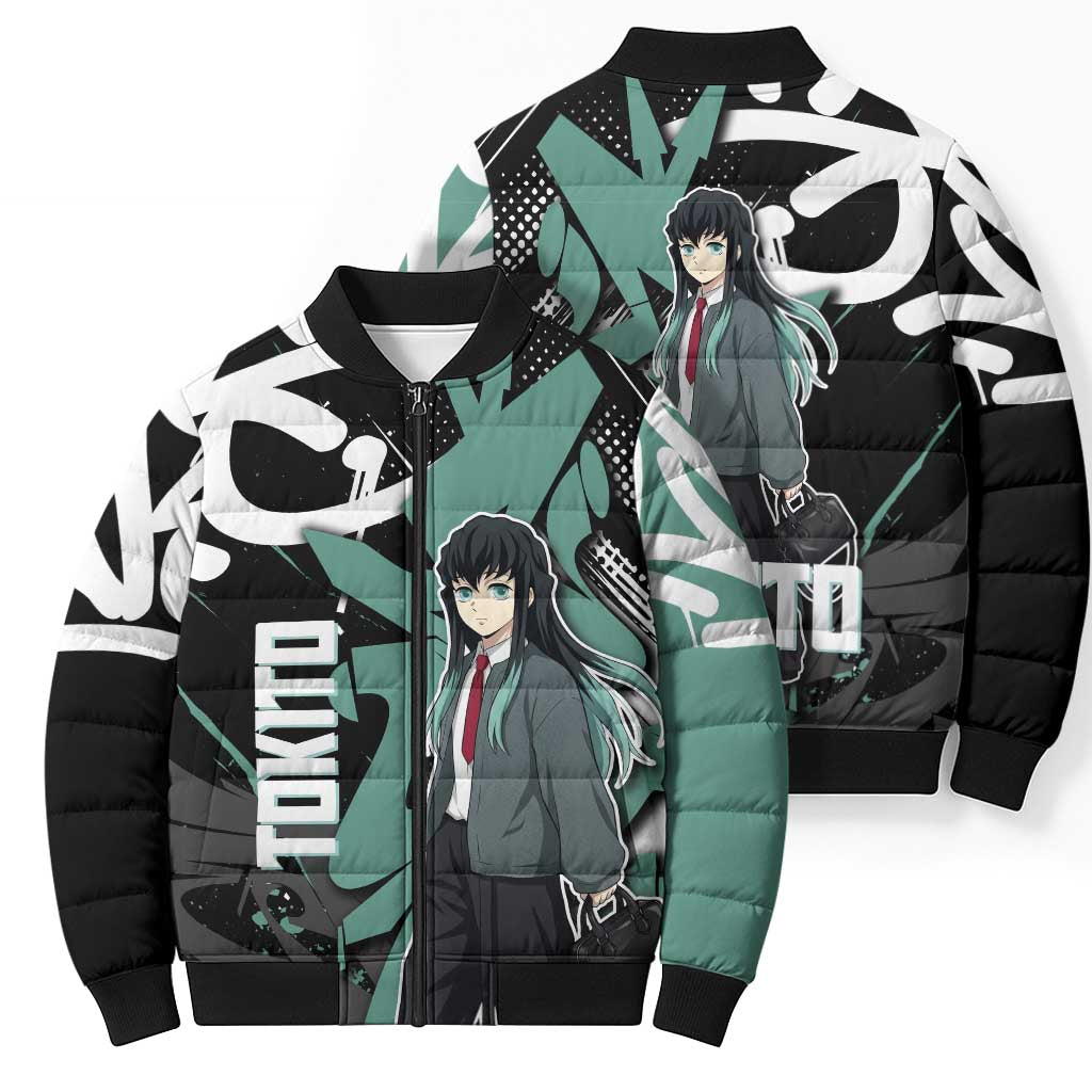 Muichiro Tokito Demon Slayer Bomber Puffer Jacket Teal & Black Graffiti Anime