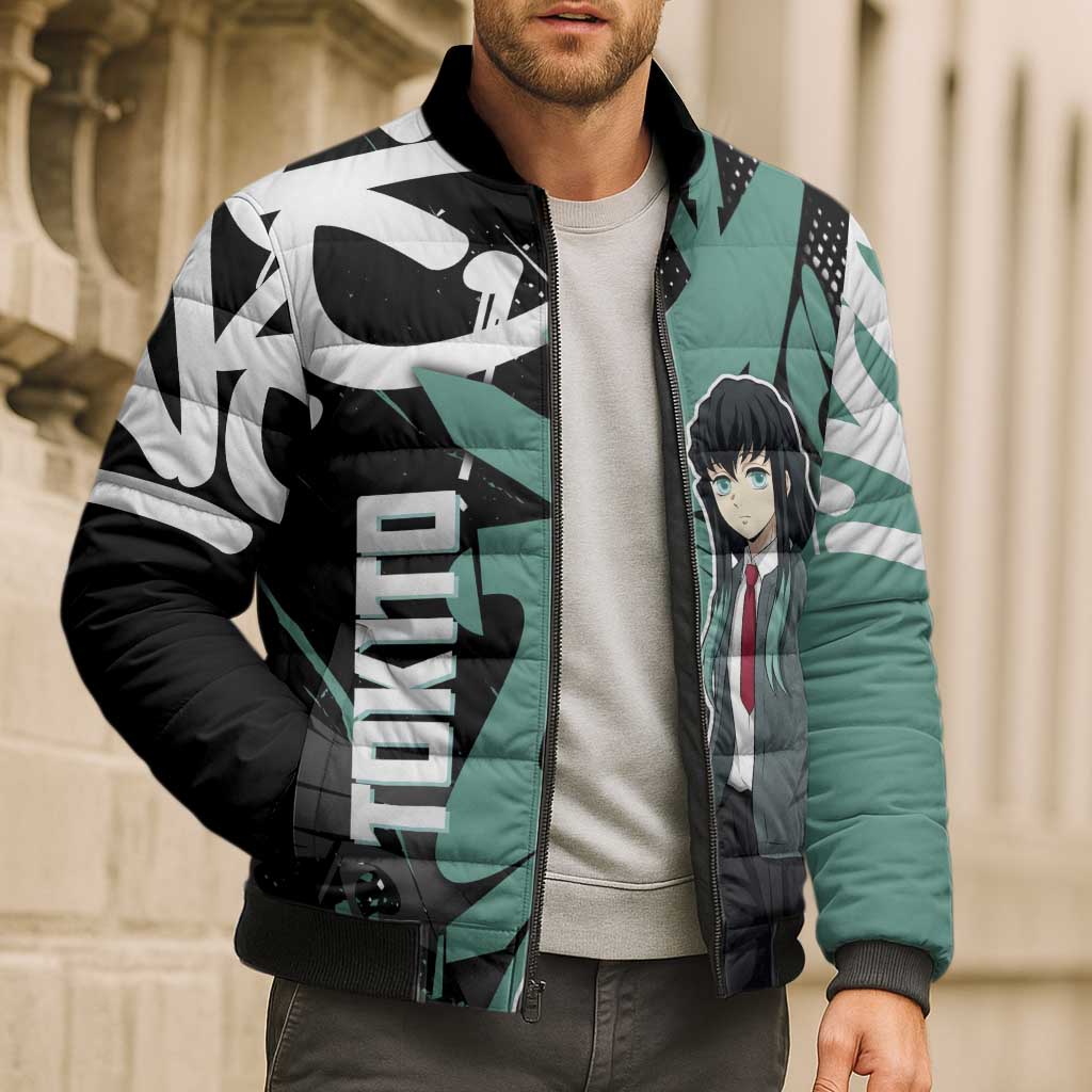 Muichiro Tokito Demon Slayer Bomber Puffer Jacket Teal & Black Graffiti Anime