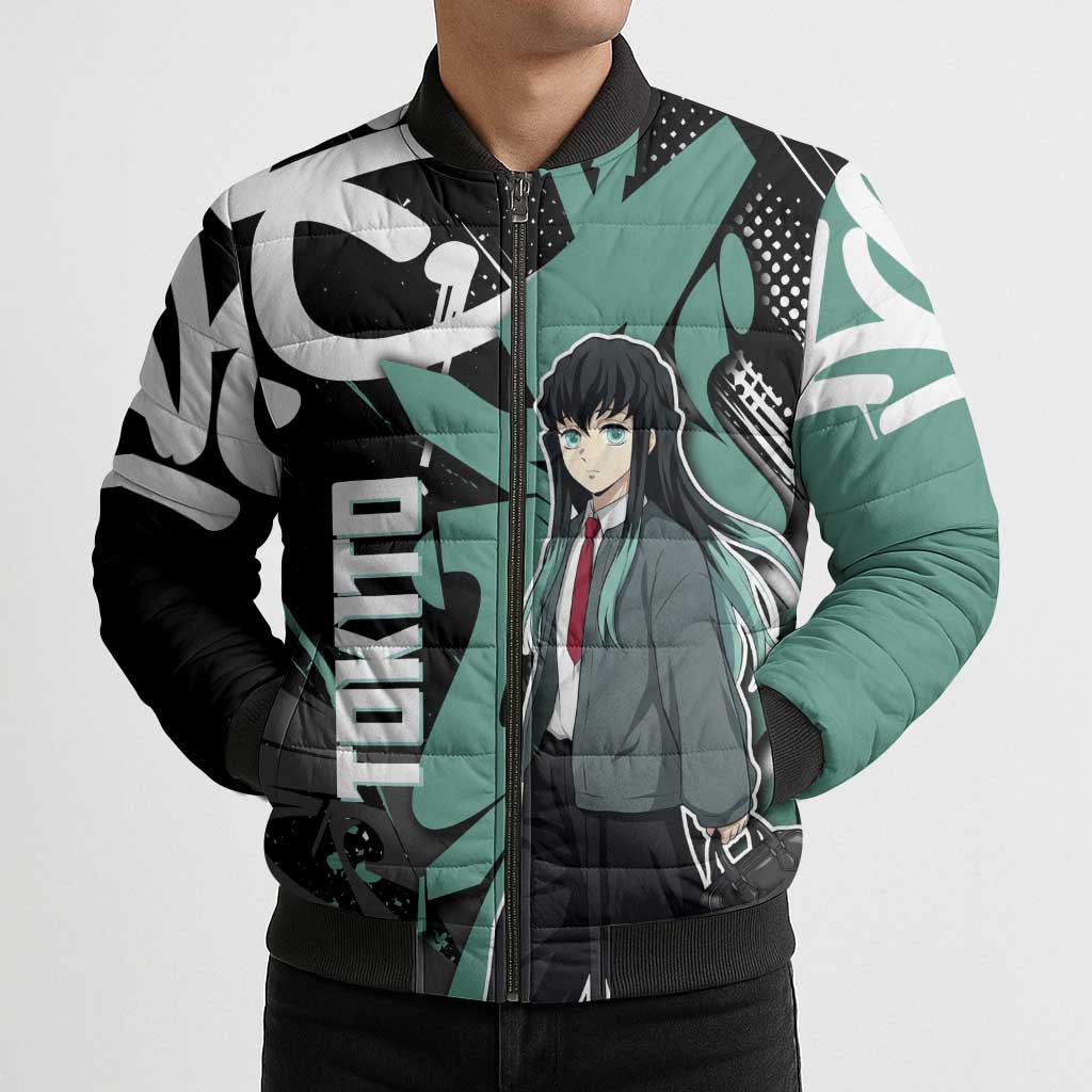 Muichiro Tokito Demon Slayer Bomber Puffer Jacket Teal & Black Graffiti Anime
