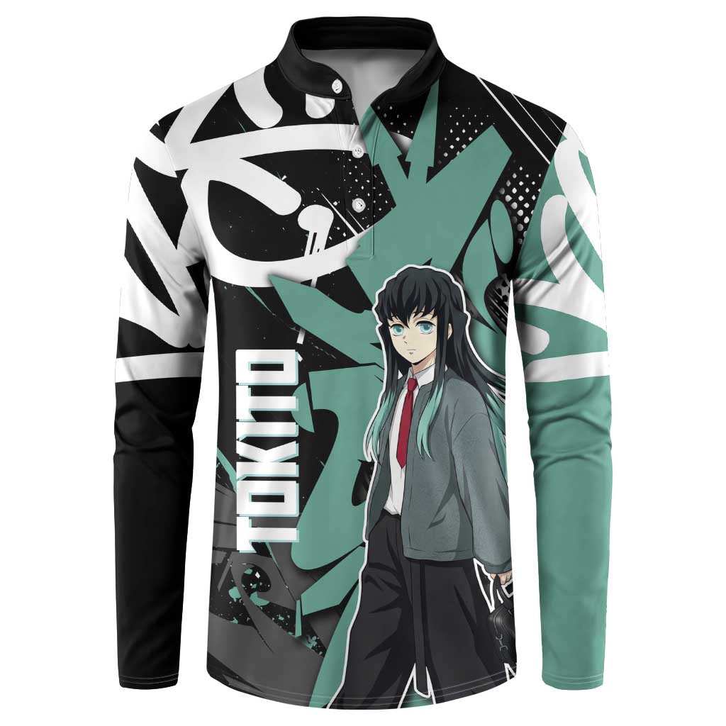 Muichiro Tokito Demon Slayer Button Sweatshirt Teal & Black Graffiti Anime