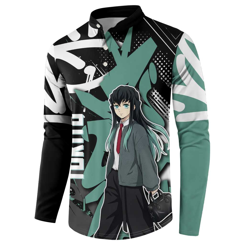 Muichiro Tokito Demon Slayer Button Sweatshirt Teal & Black Graffiti Anime