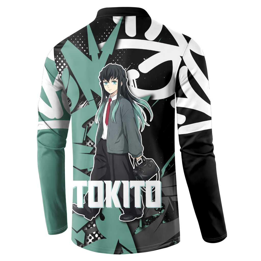 Muichiro Tokito Demon Slayer Button Sweatshirt Teal & Black Graffiti Anime