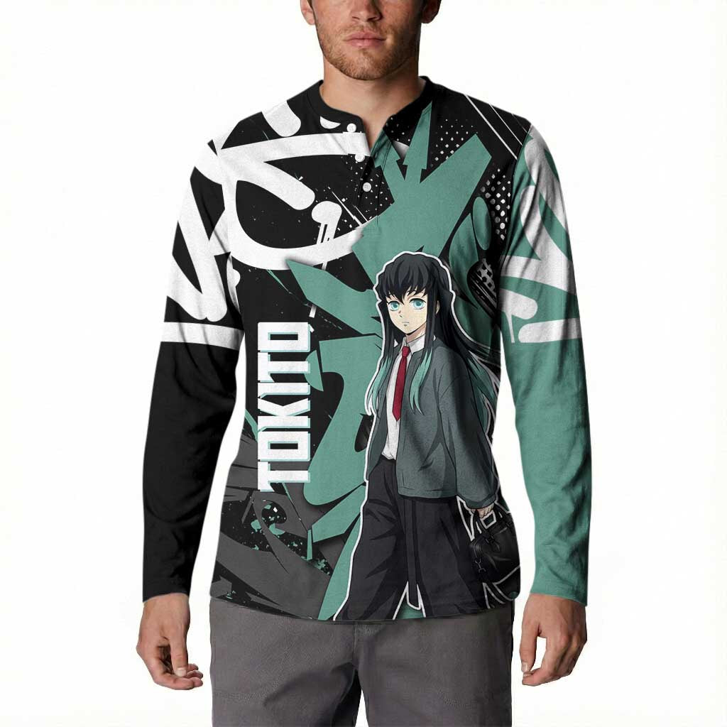 Muichiro Tokito Demon Slayer Button Sweatshirt Teal & Black Graffiti Anime