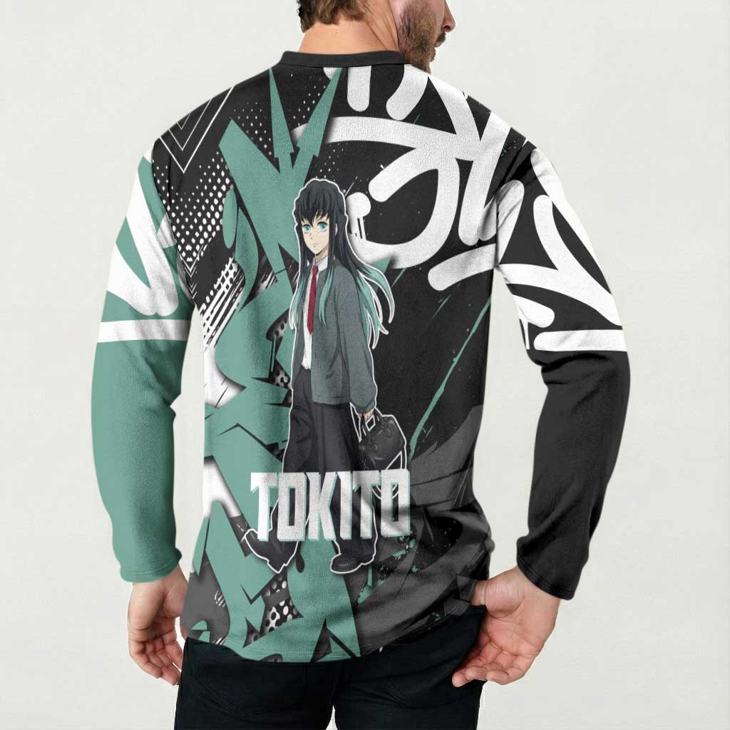 Muichiro Tokito Demon Slayer Button Sweatshirt Teal & Black Graffiti Anime