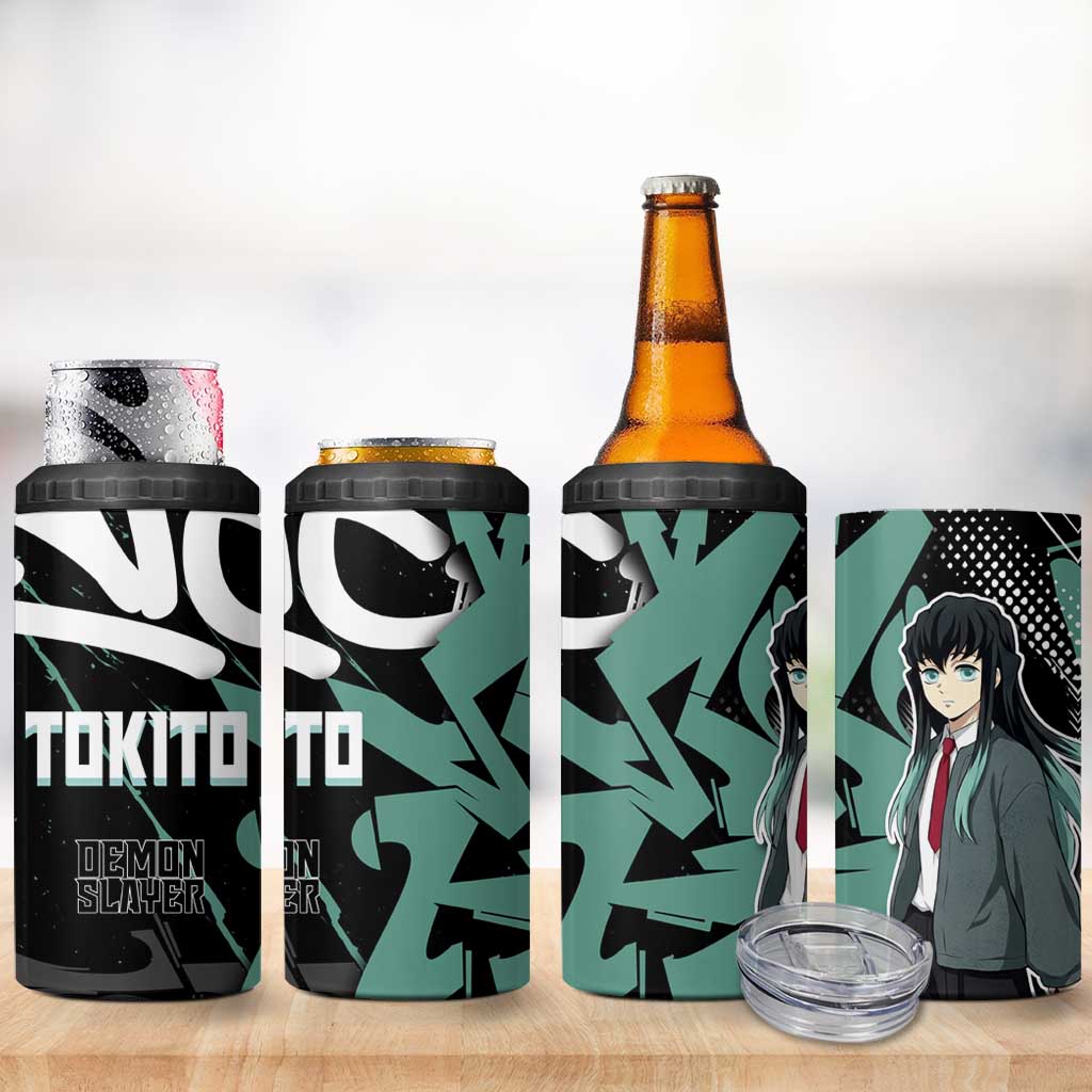 Muichiro Tokito Demon Slayer 4 in 1 Can Cooler Tumbler Teal & Black Graffiti Anime