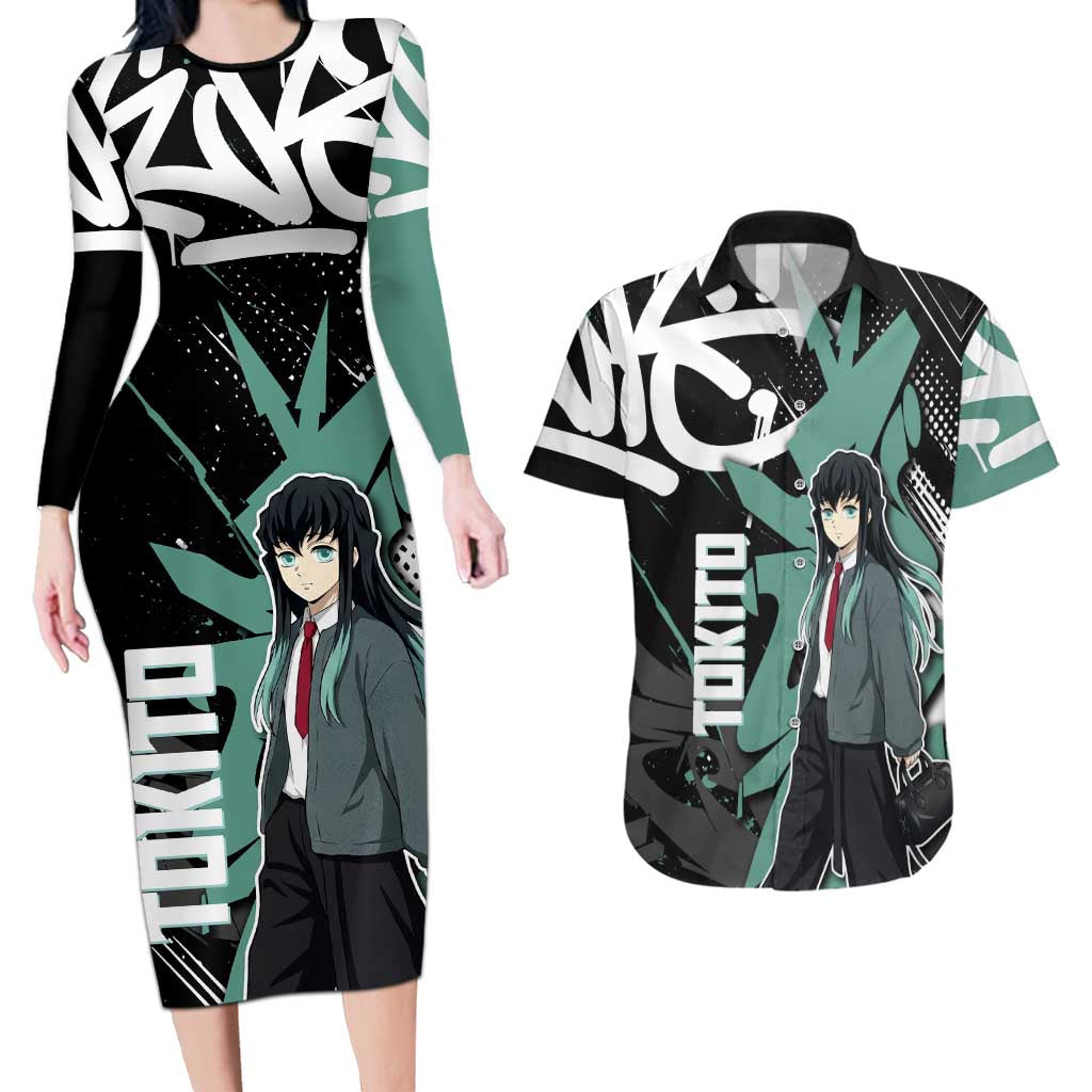 Muichiro Tokito Demon Slayer Couples Matching Long Sleeve Bodycon Dress and Hawaiian Shirt Teal & Black Graffiti Anime