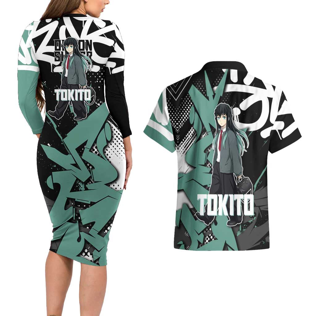 Muichiro Tokito Demon Slayer Couples Matching Long Sleeve Bodycon Dress and Hawaiian Shirt Teal & Black Graffiti Anime