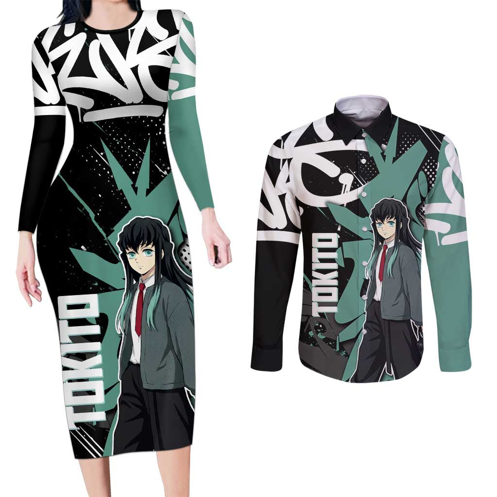 Muichiro Tokito Demon Slayer Couples Matching Long Sleeve Bodycon Dress and Long Sleeve Button Shirt Teal & Black Graffiti Anime