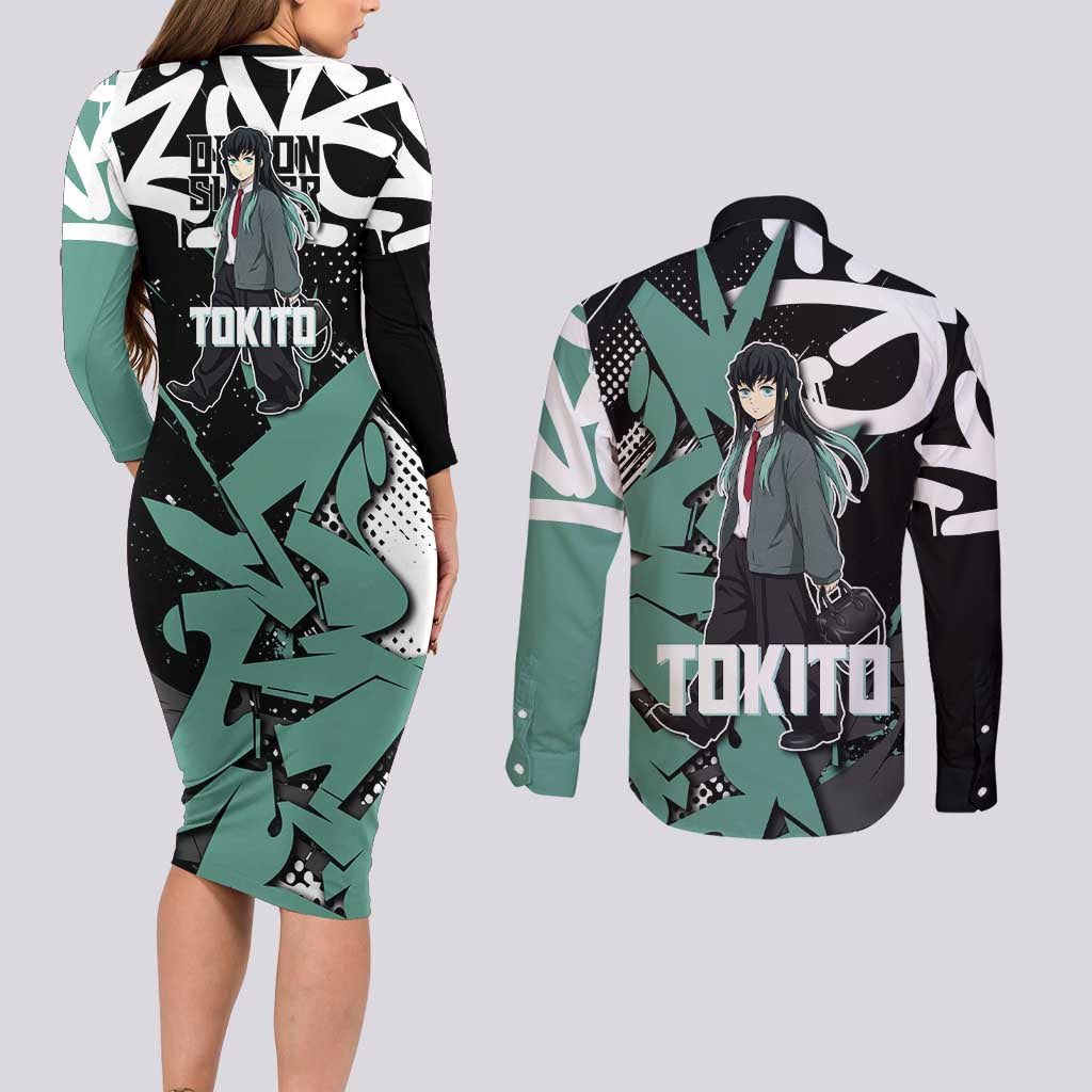 Muichiro Tokito Demon Slayer Couples Matching Long Sleeve Bodycon Dress and Long Sleeve Button Shirt Teal & Black Graffiti Anime