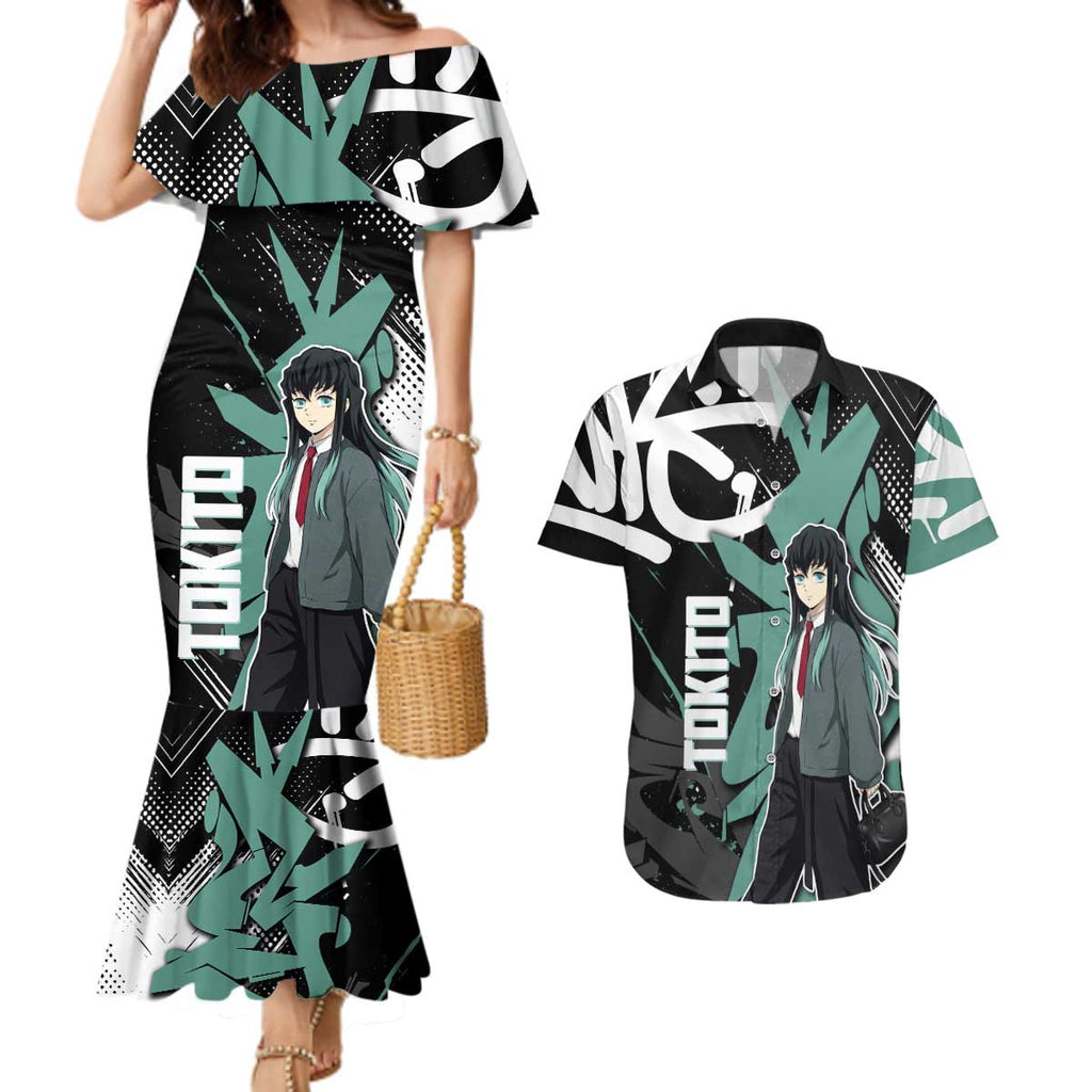 Muichiro Tokito Demon Slayer Couples Matching Mermaid Dress and Hawaiian Shirt Teal & Black Graffiti Anime