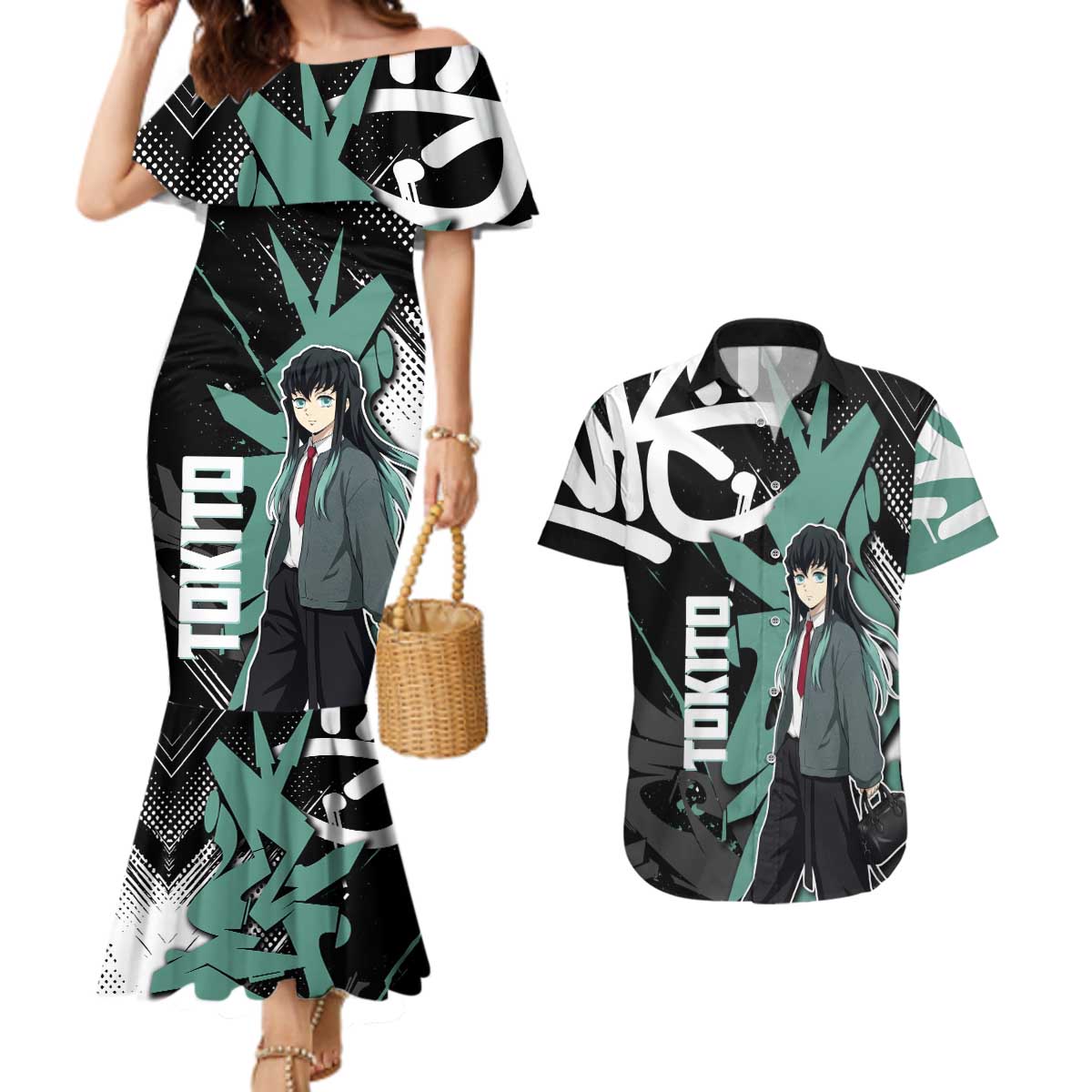 Muichiro Tokito Demon Slayer Couples Matching Mermaid Dress and Hawaiian Shirt Teal & Black Graffiti Anime
