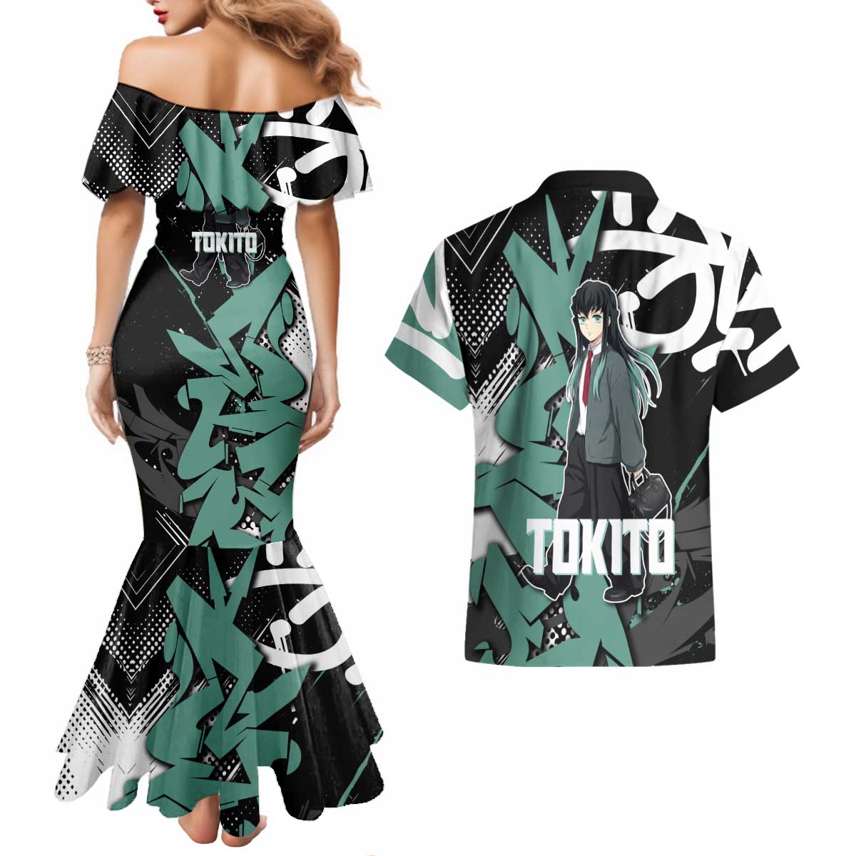 Muichiro Tokito Demon Slayer Couples Matching Mermaid Dress and Hawaiian Shirt Teal & Black Graffiti Anime