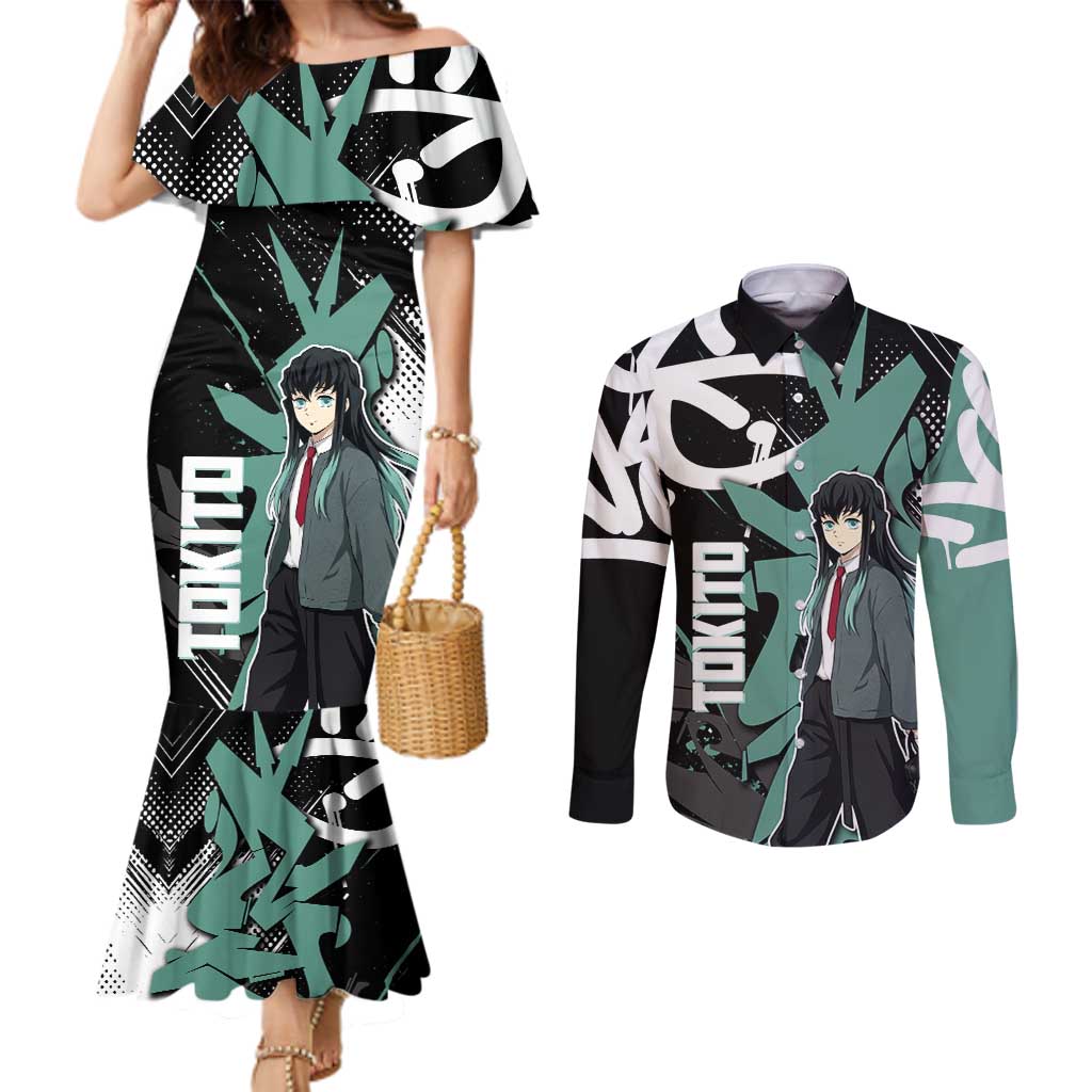 Muichiro Tokito Demon Slayer Couples Matching Mermaid Dress and Long Sleeve Button Shirt Teal & Black Graffiti Anime