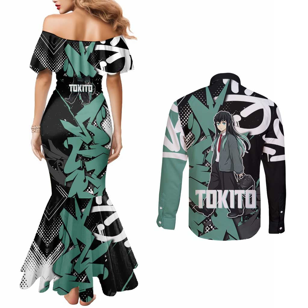 Muichiro Tokito Demon Slayer Couples Matching Mermaid Dress and Long Sleeve Button Shirt Teal & Black Graffiti Anime