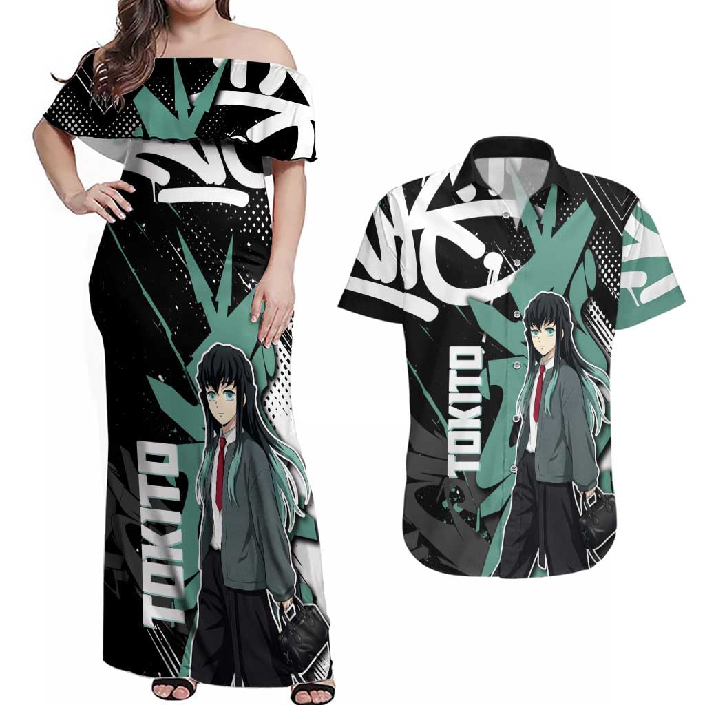 Muichiro Tokito Demon Slayer Couples Matching Off Shoulder Maxi Dress and Hawaiian Shirt Teal & Black Graffiti Anime