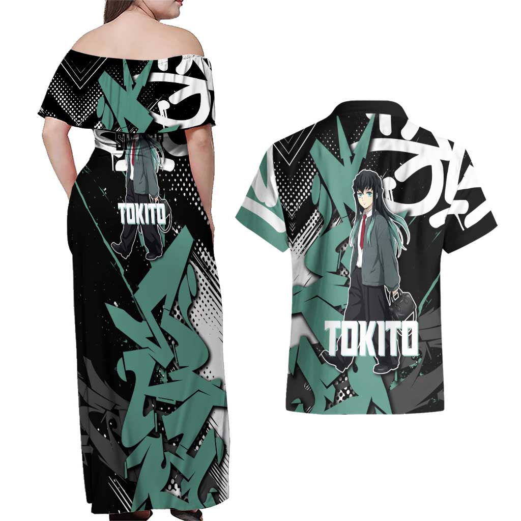 Muichiro Tokito Demon Slayer Couples Matching Off Shoulder Maxi Dress and Hawaiian Shirt Teal & Black Graffiti Anime