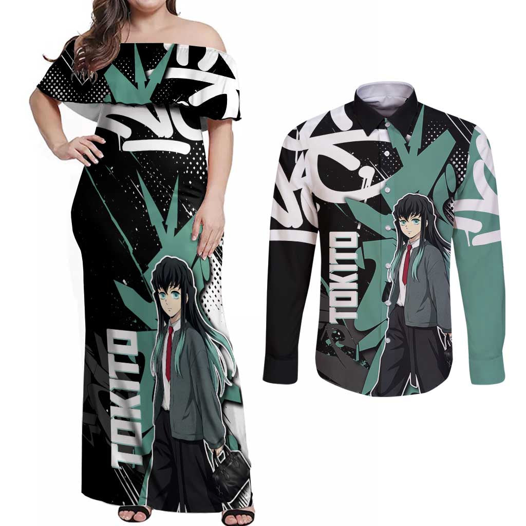 Muichiro Tokito Demon Slayer Couples Matching Off Shoulder Maxi Dress and Long Sleeve Button Shirt Teal & Black Graffiti Anime