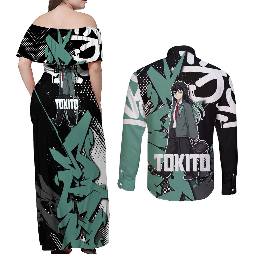 Muichiro Tokito Demon Slayer Couples Matching Off Shoulder Maxi Dress and Long Sleeve Button Shirt Teal & Black Graffiti Anime