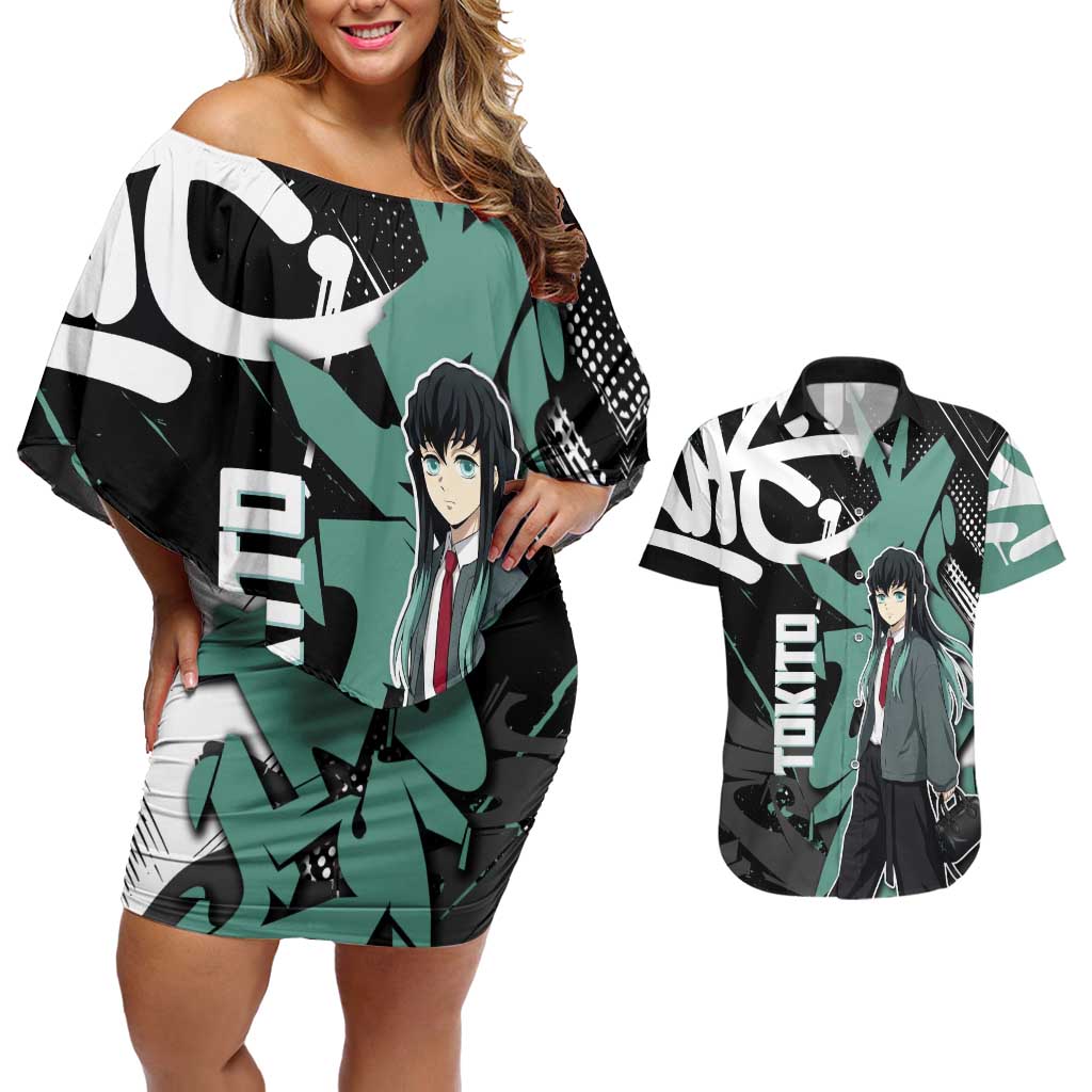 Muichiro Tokito Demon Slayer Couples Matching Off Shoulder Short Dress and Hawaiian Shirt Teal & Black Graffiti Anime