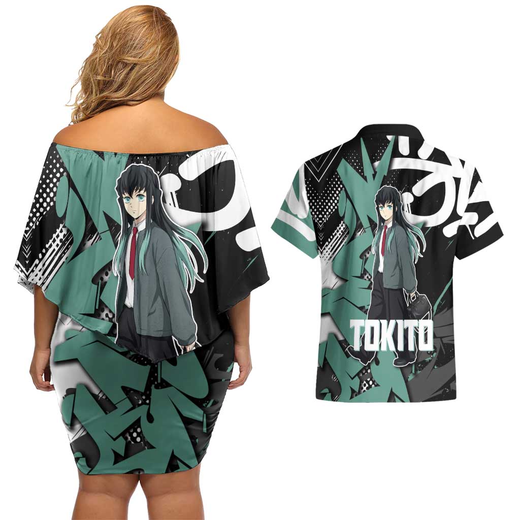 Muichiro Tokito Demon Slayer Couples Matching Off Shoulder Short Dress and Hawaiian Shirt Teal & Black Graffiti Anime
