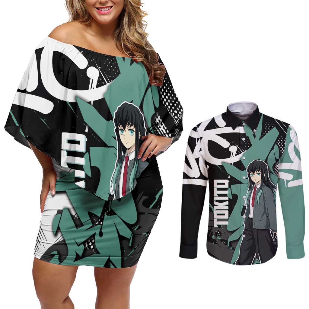 Muichiro Tokito Demon Slayer Couples Matching Off Shoulder Short Dress and Long Sleeve Button Shirt Teal & Black Graffiti Anime