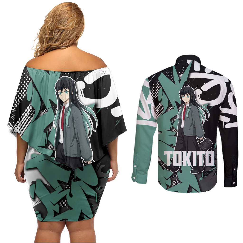 Muichiro Tokito Demon Slayer Couples Matching Off Shoulder Short Dress and Long Sleeve Button Shirt Teal & Black Graffiti Anime