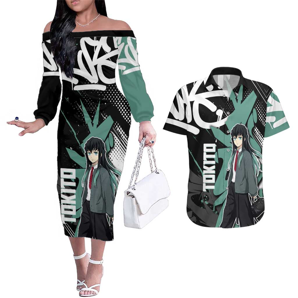 Muichiro Tokito Demon Slayer Couples Matching Off The Shoulder Long Sleeve Dress and Hawaiian Shirt Teal & Black Graffiti Anime