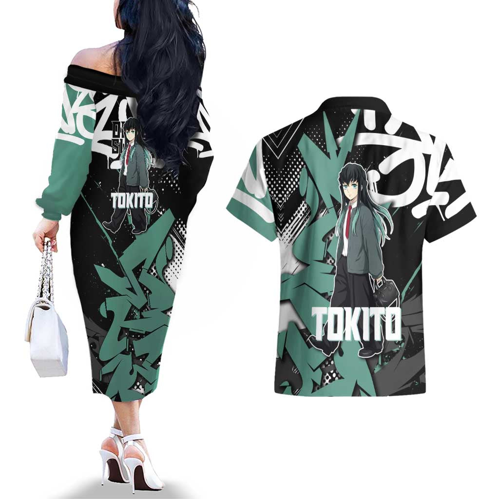 Muichiro Tokito Demon Slayer Couples Matching Off The Shoulder Long Sleeve Dress and Hawaiian Shirt Teal & Black Graffiti Anime