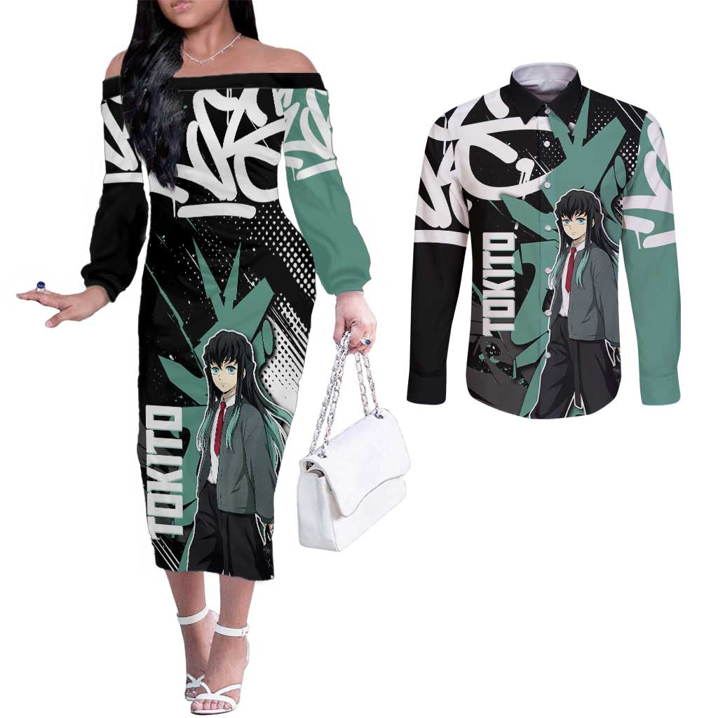 Muichiro Tokito Demon Slayer Couples Matching Off The Shoulder Long Sleeve Dress and Long Sleeve Button Shirt Teal & Black Graffiti Anime