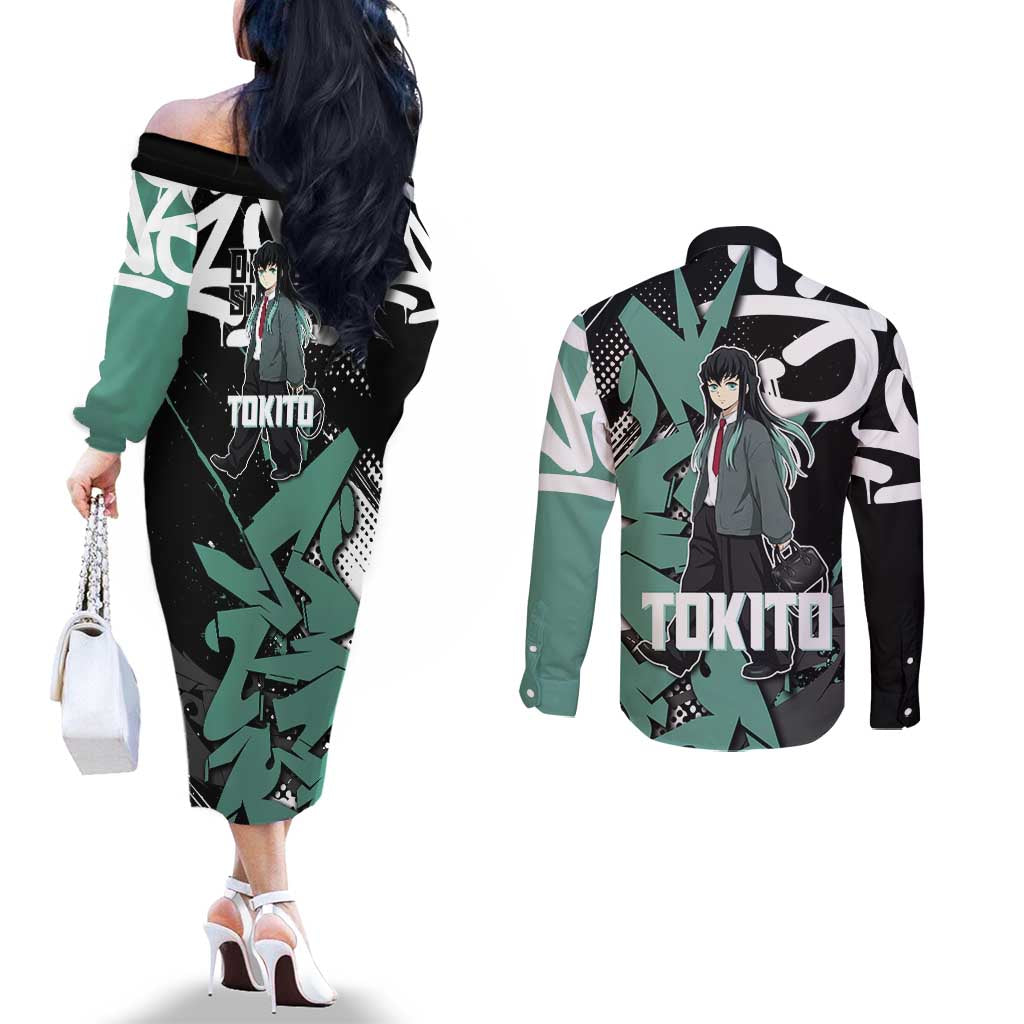 Muichiro Tokito Demon Slayer Couples Matching Off The Shoulder Long Sleeve Dress and Long Sleeve Button Shirt Teal & Black Graffiti Anime