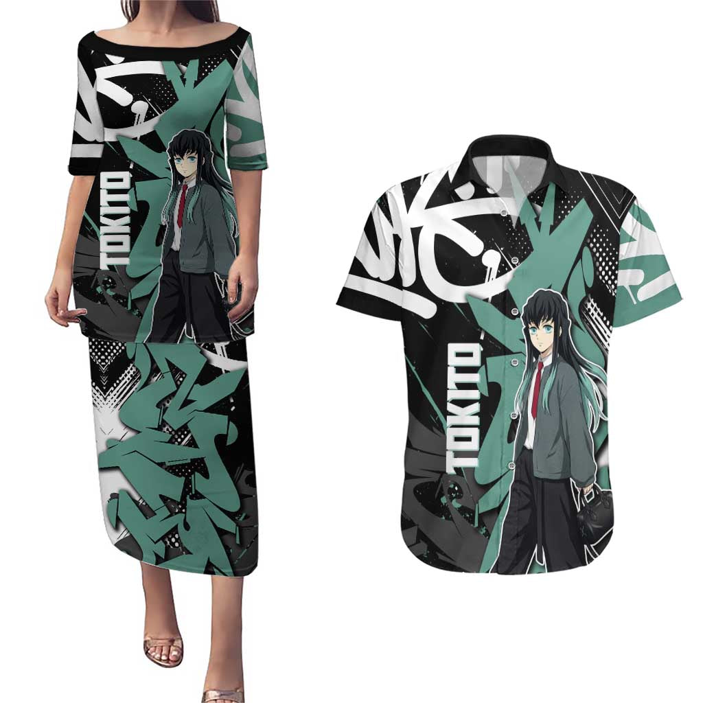 Muichiro Tokito Demon Slayer Couples Matching Puletasi and Hawaiian Shirt Teal & Black Graffiti Anime