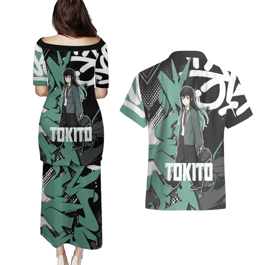 Muichiro Tokito Demon Slayer Couples Matching Puletasi and Hawaiian Shirt Teal & Black Graffiti Anime