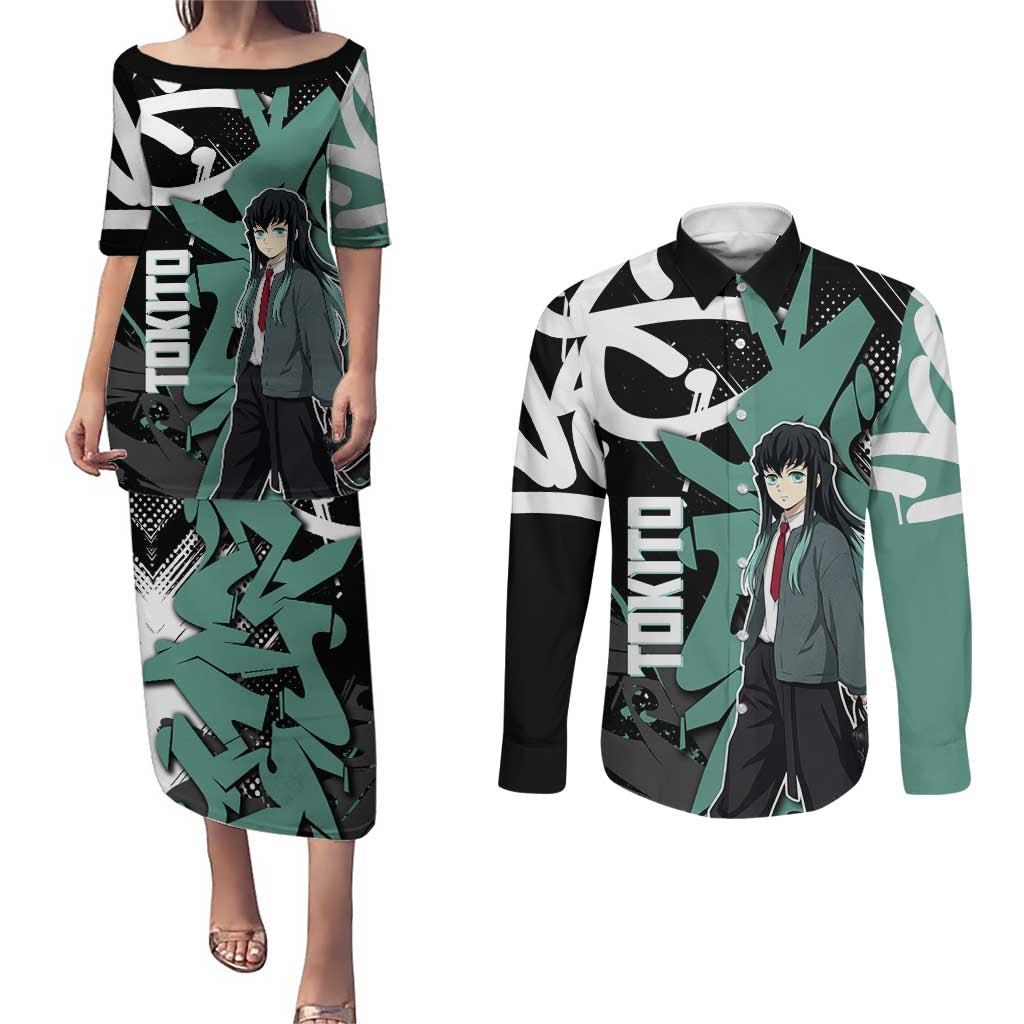 Muichiro Tokito Demon Slayer Couples Matching Puletasi and Long Sleeve Button Shirt Teal & Black Graffiti Anime
