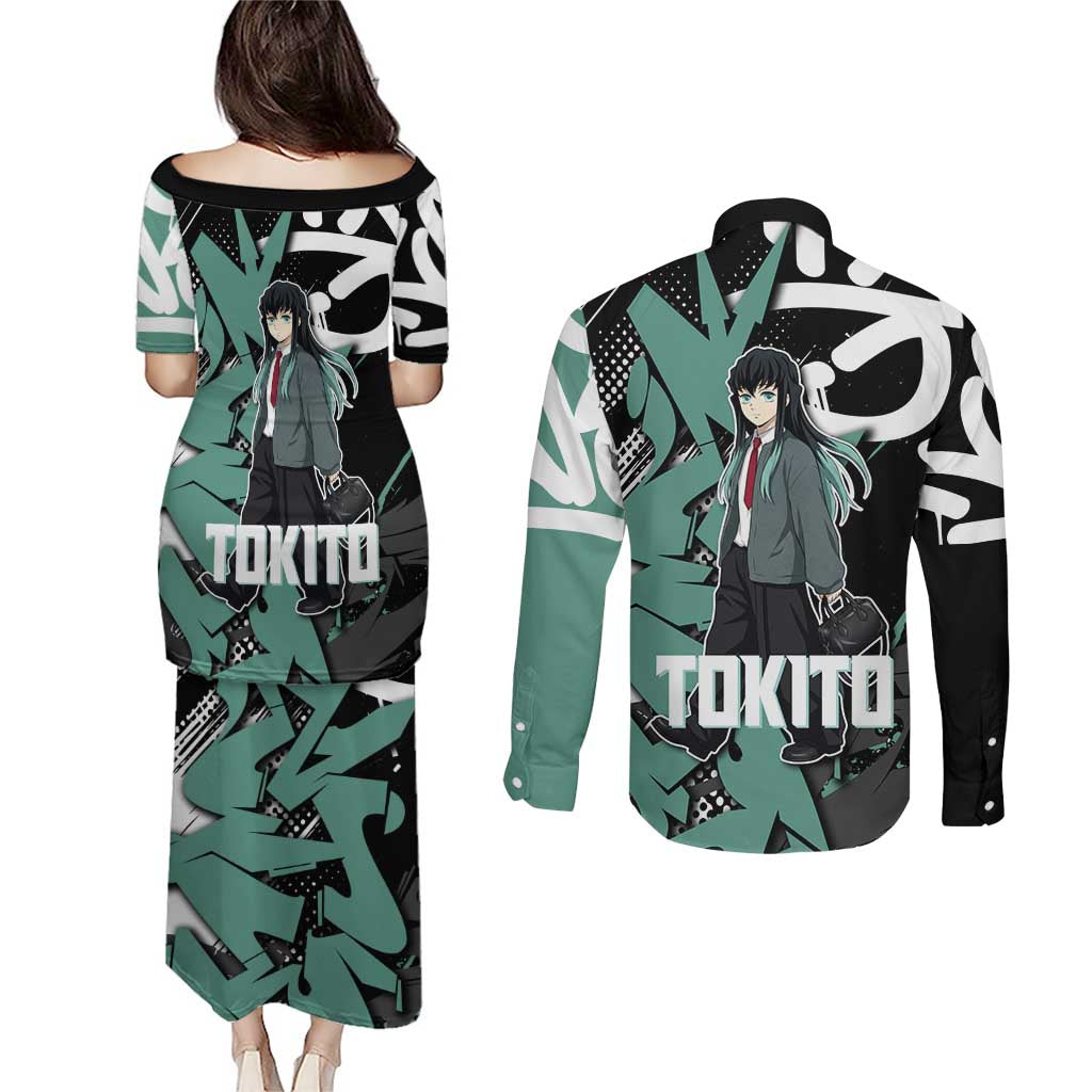 Muichiro Tokito Demon Slayer Couples Matching Puletasi and Long Sleeve Button Shirt Teal & Black Graffiti Anime