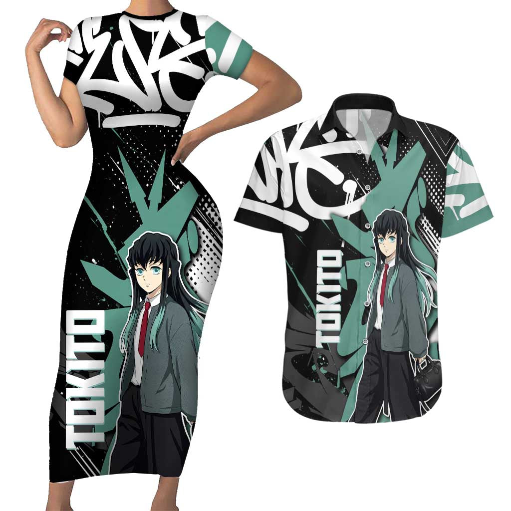 Muichiro Tokito Demon Slayer Couples Matching Short Sleeve Bodycon Dress and Hawaiian Shirt Teal & Black Graffiti Anime