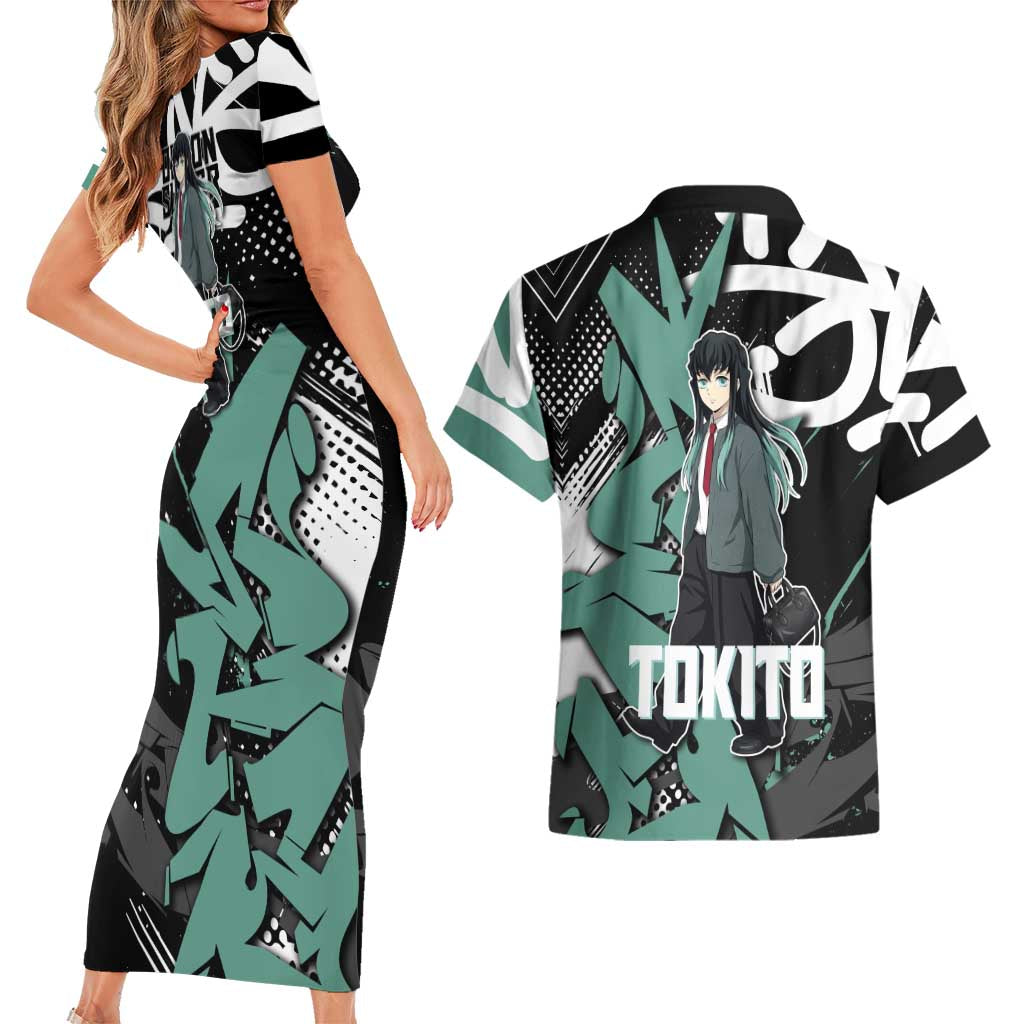 Muichiro Tokito Demon Slayer Couples Matching Short Sleeve Bodycon Dress and Hawaiian Shirt Teal & Black Graffiti Anime