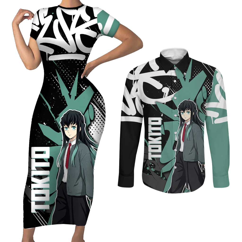 Muichiro Tokito Demon Slayer Couples Matching Short Sleeve Bodycon Dress and Long Sleeve Button Shirt Teal & Black Graffiti Anime