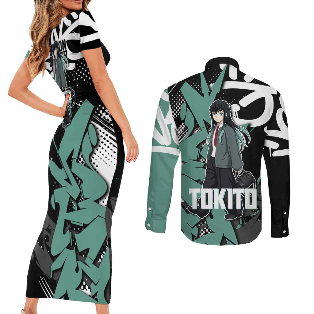 Muichiro Tokito Demon Slayer Couples Matching Short Sleeve Bodycon Dress and Long Sleeve Button Shirt Teal & Black Graffiti Anime