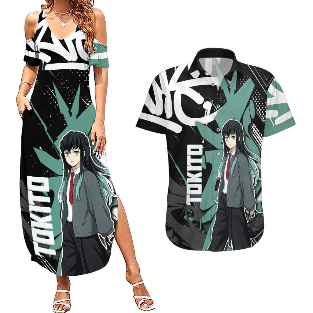 Muichiro Tokito Demon Slayer Couples Matching Summer Maxi Dress and Hawaiian Shirt Teal & Black Graffiti Anime
