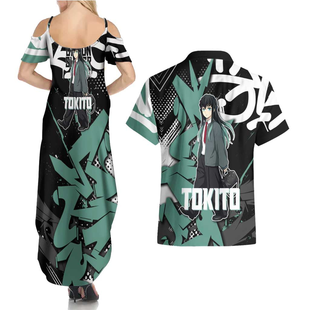 Muichiro Tokito Demon Slayer Couples Matching Summer Maxi Dress and Hawaiian Shirt Teal & Black Graffiti Anime