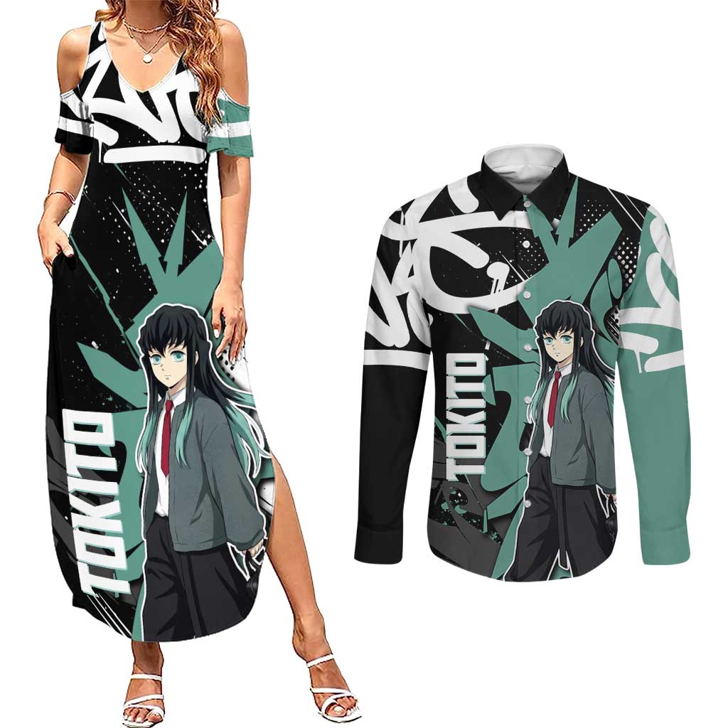 Muichiro Tokito Demon Slayer Couples Matching Summer Maxi Dress and Long Sleeve Button Shirt Teal & Black Graffiti Anime